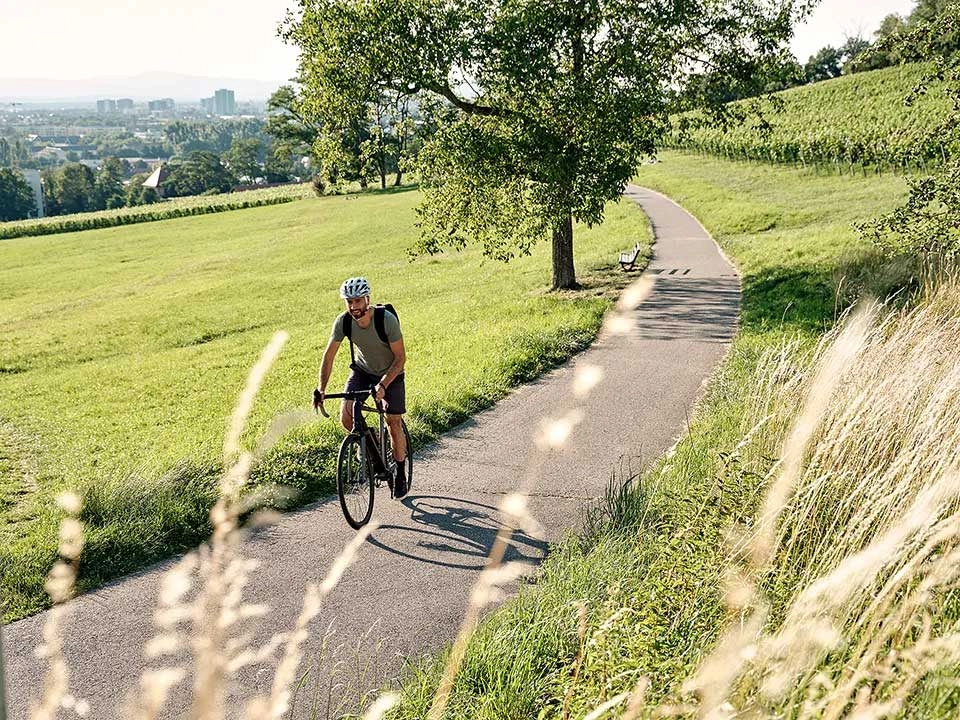 Ein JobRadler auf einem Fahrradweg im Grünen am Schlierberg Ein JobRadler auf einem Fahrradweg im Grünen am Schlierberg