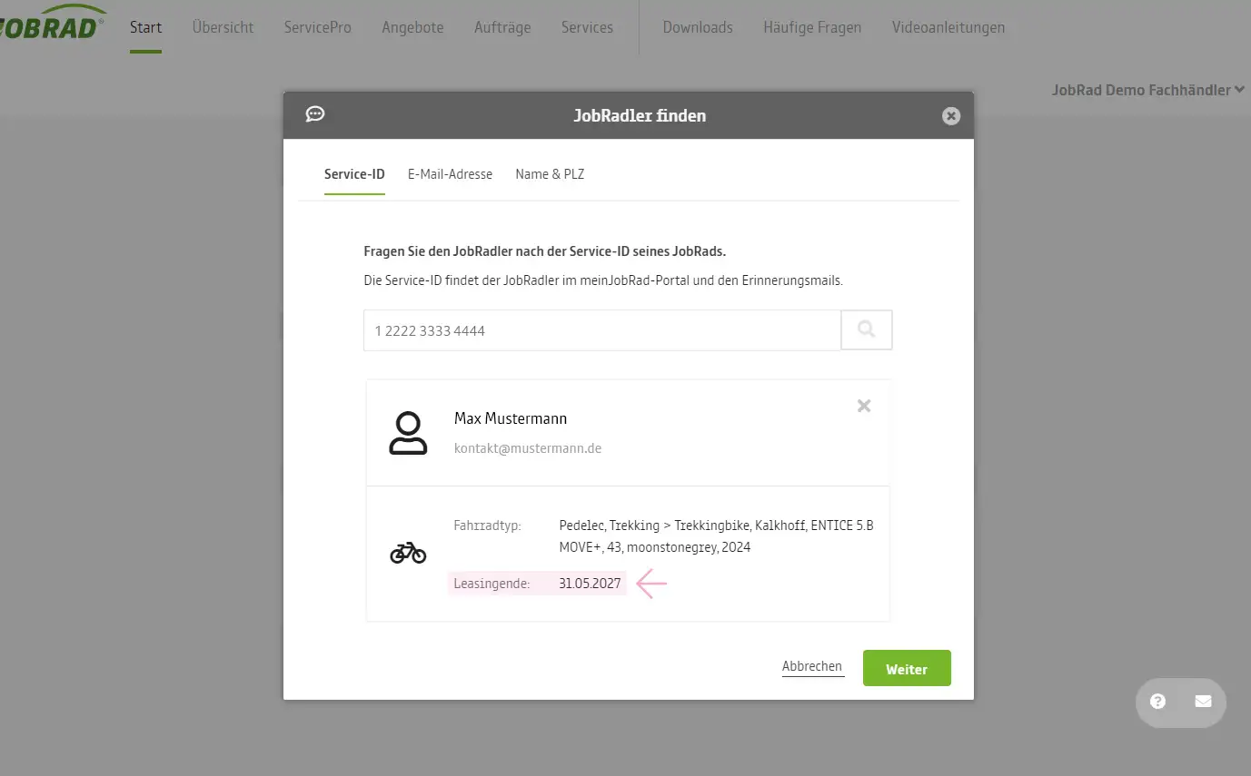 Ein Screenshot des Portals mit Informationen zum Leasingende